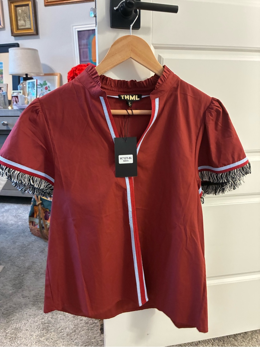 THML Rust Red Short Sleeve Top with White Trim